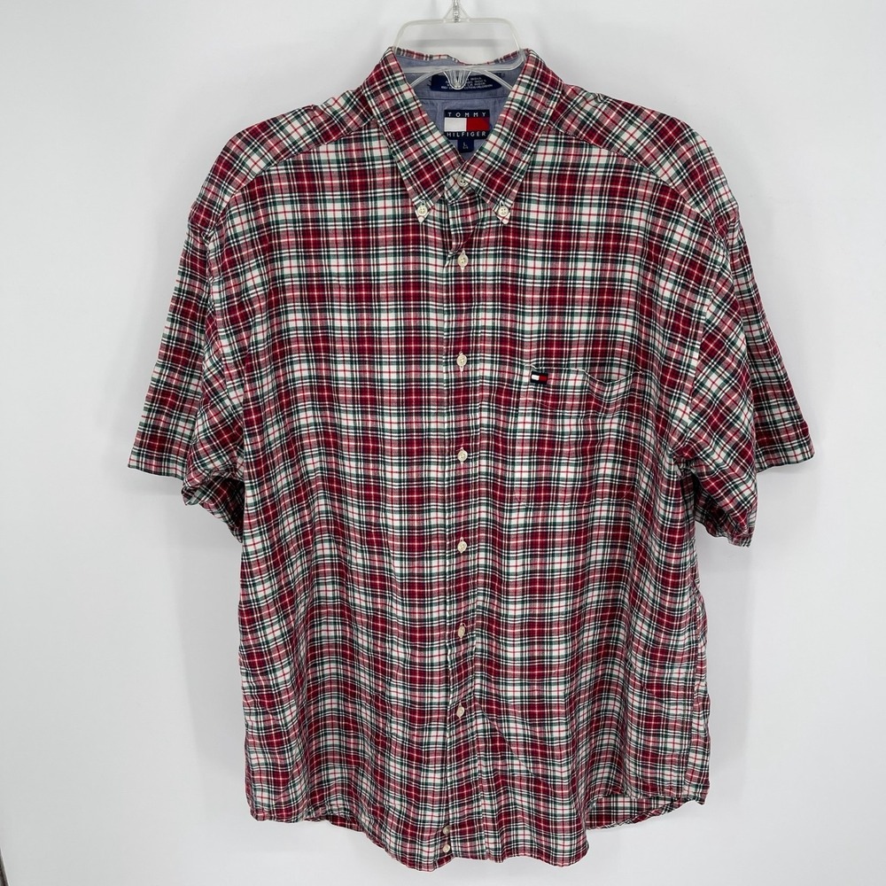 Tommy Hilfiger Vintage Men's Red Green Plaid Short Sleeve Button Up Shirt Size L